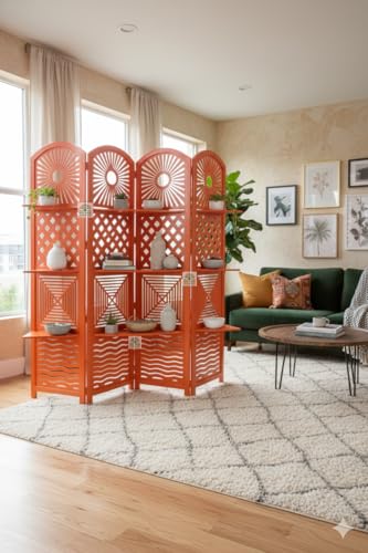Image of Wooden Room Divider 6 Feet, 4-Panel Folding Wooden Partition for Living Room, Office, Pooja Room, Restaurant, Kitchen & Balcony (2W x 1.82H Meters). (Orange)