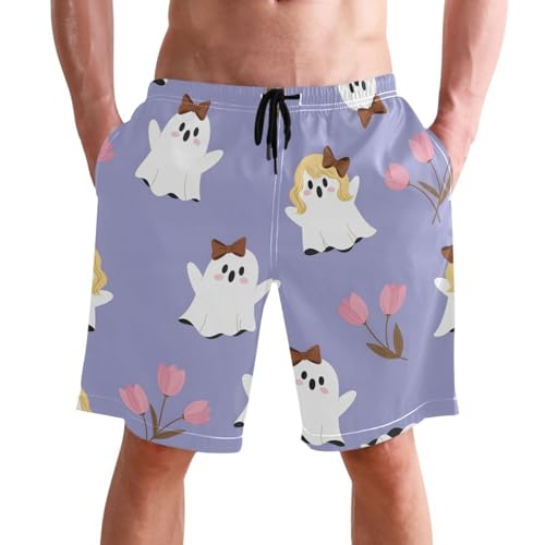 Men's Swim Trunks Quick Dry Swimming Shorts with Pocket Cute Ghosts with Flowers Pattern Swimsuit Trunks