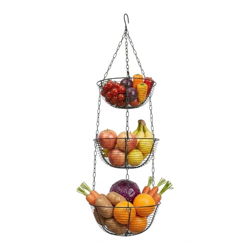CHERIPOLI 3 Etagen Obstkorb zum Aufhängen mit Deckenhaken, Küche Gemüsekorb Hängend Obstschale, Hängender Aufbewahrungskorb, Hängekorb Obstkorb, zur Aufbewahrung