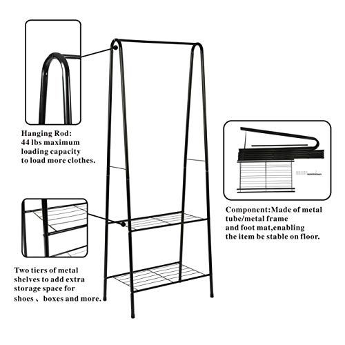 Homebi Garment Rack Metal Clothing Rack Coat Organizer Laundry Closet Storage Entrway Shelving Unit with Hanger and 2-Tier Durable Shelf for Shoes Clothes Storage in Black, 23.6”Wx13.19”Dx63”H