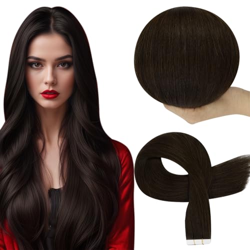Image of Full Shine Tape in Hair Extensions Human Hair Color Dark Brown Seamless Invisible Tape in Human Hair Extensions 22 Inch 10Pcs 25Grams Add Length Unprocessed Virgin Hair for Postpartum Women