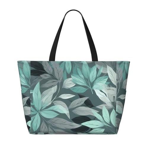 (Mint Gray Leaves) Large Beach Tote Bag For Women With Zipper Foldable Lightweight Travel Pool Bag For Vacation Shopping2