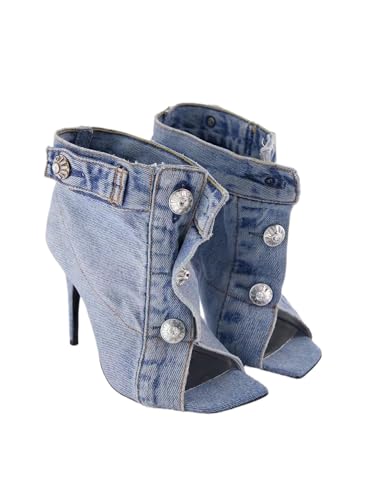 Women's Peep Toe Stiletto High Heel Ankle Denim Boots Studded Buttons Denim Boots Metal Button Sandals Shoes for Women