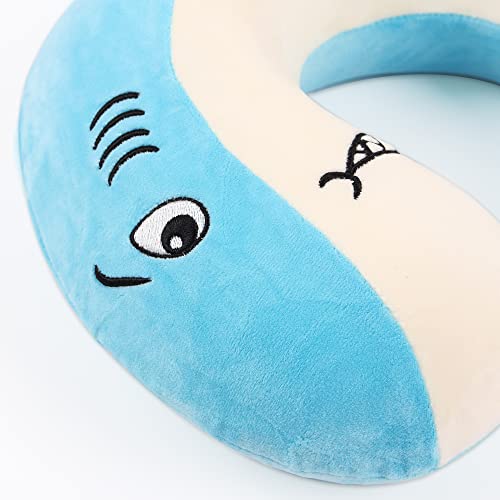 Image of Sexysamba Cartoon Headrest & Neck Pillow for Kids Boys & Girls, Teens, Travel Accessories for Airplane, Car, Recline, Memory Foam Cute Travel Pillow with Sleep Eye Mask - Shark