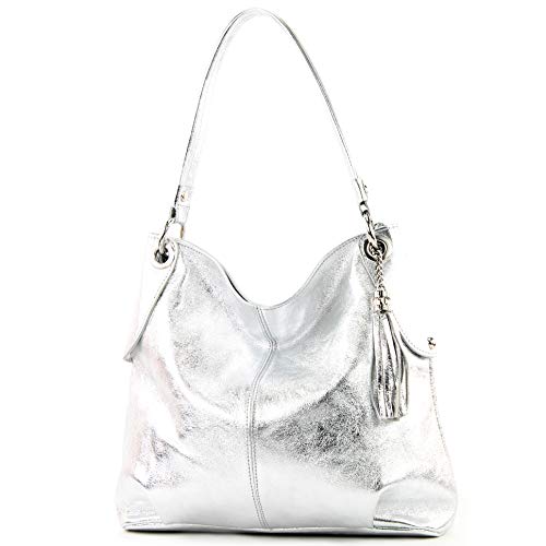 modamoda de T185 Damen Leder Schultertasche Handtasche handmade in Italy, Farbe:Silber