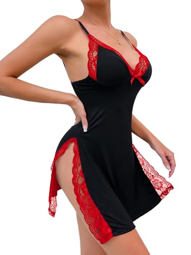 Image of Foxiny Sexy Split Side Floral Lace Trim Full Slip Night Gown Babydoll Lingerie Dress with Thong 2 piece