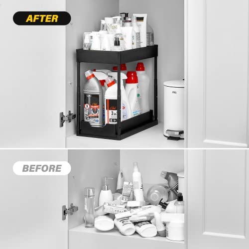 Epsy Under Sink Organizers And Storage 2 Pack - Adjustable Height 2 Tier Bathroom Organizer Under Sink With Sliding Drawers, 2 Cups, 4 Hooks, Highly Capacious Under Kitchen Sink Organizer, Black #TOP3
