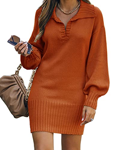 BTFBM Women Casual V Neck Knit Mini Fall Sweater Dresses Long Sleeve Loose Fit Solid Color Ribbed Pullover Jumper Sweaters