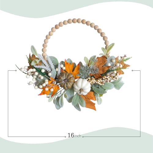 Image of 2PCS 16 inch Wood Beads Wreath,Fall Wreaths for Front Door,Eucalyptus Berries Pumpkins Lamb Ears Leaves Autumn Wreaths for Front Door, Fall Decor, Porch Wall, Home Outdoor Holiday Decor