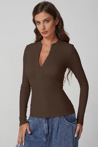 QINSEN Long Sleeve Shirts for Women Crewneck Half Zipper Ribbed Knit Going Out Tops Full Length Basic Tee3