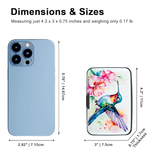 Image of Credit Card Holder, Metal Card Wallet RFID Blocking Mini Slim Aluminum Business Hard Card Case for Women Men (Flowers Hummingbird)