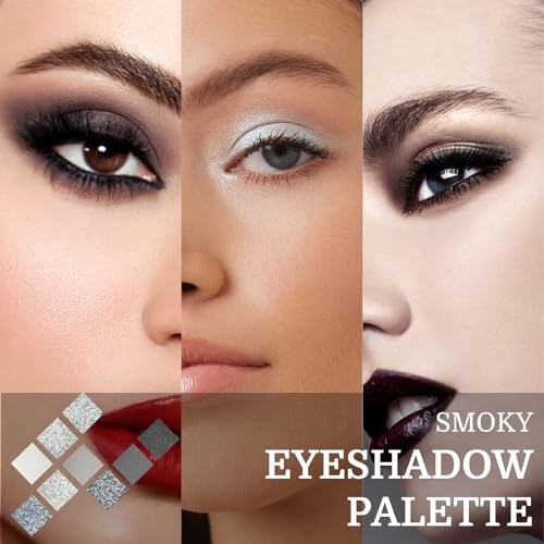 9 Farbe Smokey Lidschatten Palette, Hochpigmentiert Lidschatten Schwarz Dunkel Grau Weiß Eyeshadow Palette Mit Spiegel, Matt Shimmer Weicher Glatter Puder Liedschatenpalete Zu Halloween (02 Smokey) – Bild 4