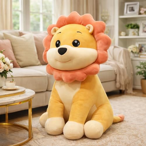 Image of Cute Lion Plush Toy, Soft Stuffed Animal, Yellow and Coral, 35 cm (Yellow,Cream)