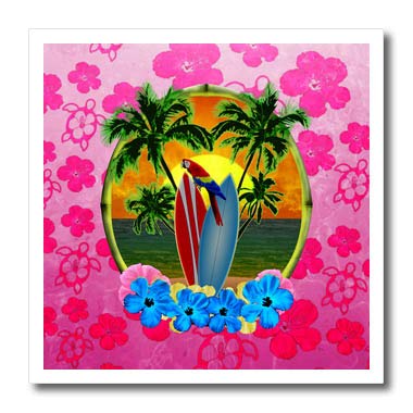 3dRose - Macdonald Creative Studios – Hawaiian - Tropical Beach Sunset with Parrot and Surfboards and Pink Flowers. - Iron on Heat Transfers (ht-333366-1)