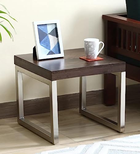 Image of Kinsley Solid Wood End Table | Premium Side Table for Home & Kitchen | Dark Walnut Finish | Solid Mango Wood | Chrome Metal Legs Ideal for Home Decor