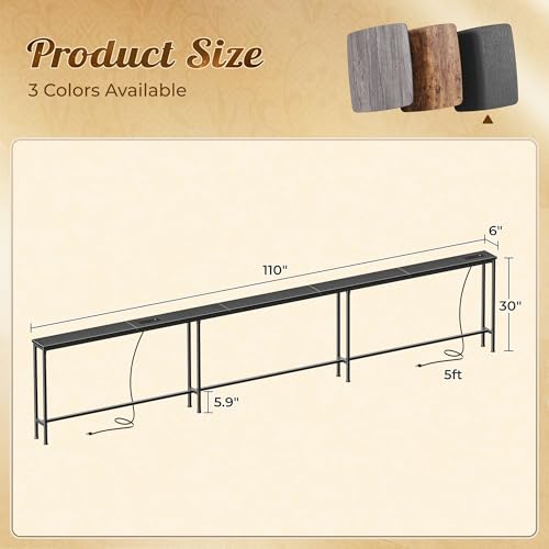 Image of Huuger 110 Inch Sofa Table with Power Outlets, Skinny Behind Couch Table