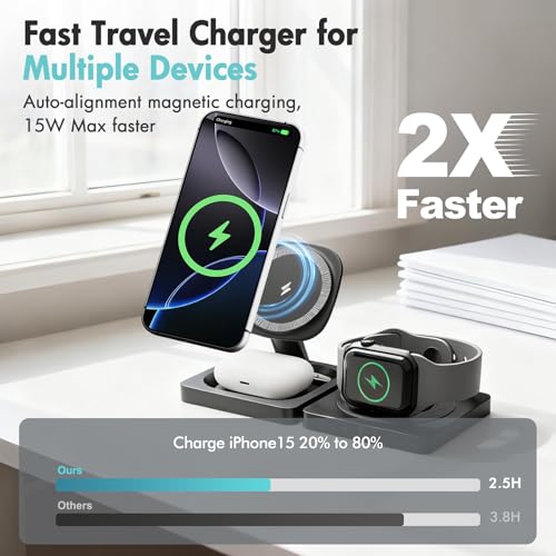 Magnetic Wireless Charger for iPhone: 3 in 1 for Travel 15W Fast Charging Pad Foldable for iPhone 17 16e 16 15 14 13 12 Pro Max - for Apple Watch Ultra and AirPods Series Magnet Multiple Devices,Black