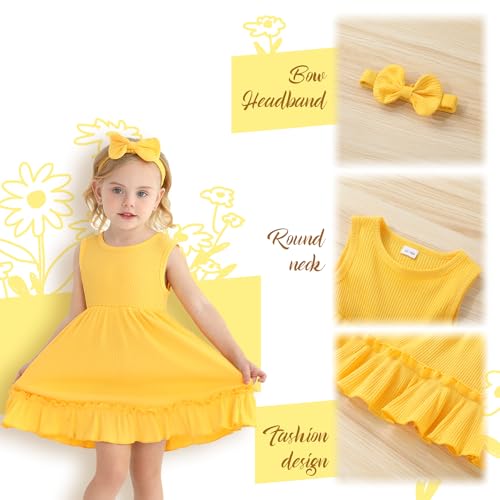 YOUNGER TREE Toddler Girl Summer Sundress Sleeveless Casual Dress Ruffle Hem Cotton Solid Outfits with Bowknot4