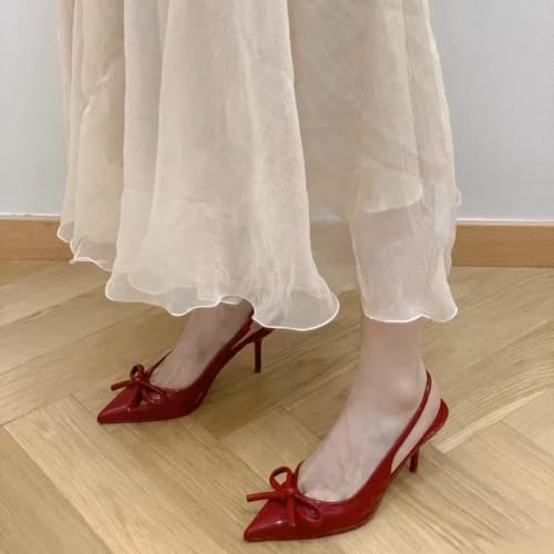 UFEDO Fashion Bow Slingback Pumps Shoes for Women Pointed Toe Bow Kitten Heels4