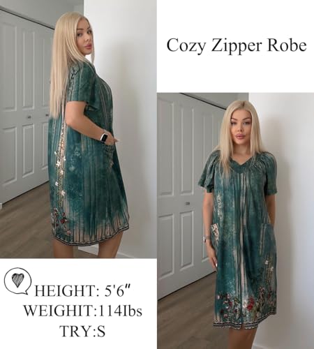 Image of Ekouaer Women Robe Zipper Front Mumu Duster Robes Zip Up Housecoat Soft Sleepwear with Pockets