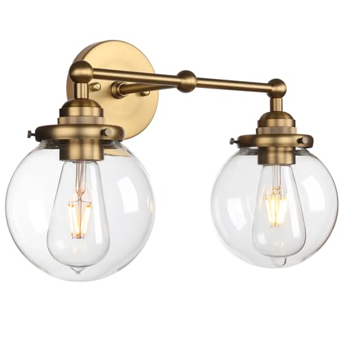 Image of Yosoan Vintage Indoor Vanity Wall Sconce, 2 Light Hardwired Modern Fixture with 5.9 inch Round Glass Globe Hand Blown Shade Lighting for Bathroom Kitchen Dining Room Living Room Bedroom(Antique)