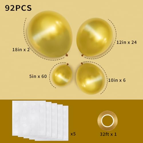 Image of RUBFAC 92pcs Metallic Gold Balloons Chrome Gold Balloon Different Sizes 18 12 10 5 Inch Gold Latex Balloons for Happy New Year Decorations 2024 Birthday Party Graduation