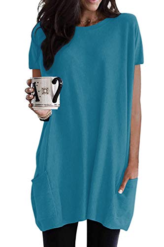 Senserise Womens Short Sleeve Long Tunic Tops With Pockets Lightweight Loose Novelty T Shirts Wear With Leggings(Teal,L) #TOP7