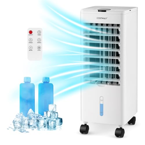 RELAX4LIFE Klimagerät Mobil mit Wasserkühlung, Verdunstungskühler ohne Abluftschlauch, Ventilator Luftbefeuchter Luftkühler mit 3 Geschwindigkeiten, 2 Wassertank, 60°/90° Oszillation, 12H Timer (Weiß)