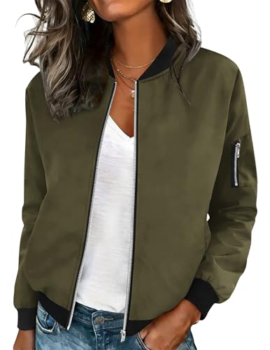 HOTOUCH Women Bomber Jacket Casual Zip Up Fashion Coats Long Sleeve Light Flight Jackets Green