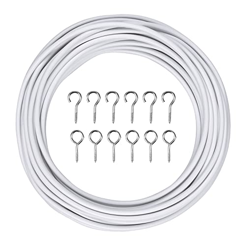KYSUN 3 Metro Alambre para Cortinas, Cable de Cortina Blanco, Alambre de Cortina y Gancho, Alambre de Cortina de Red Cable para Cortinas con 6 Ganchos y 6 Ojos para Barras de Cortina de Red Cover