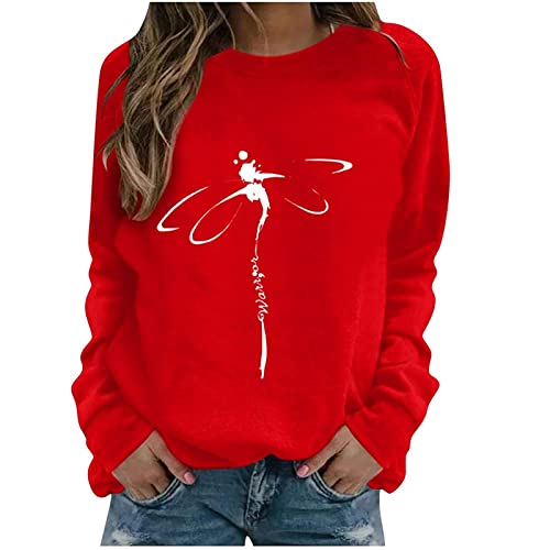Shirts for Women Dragonfly Art Print Solid Color Crew Neck Sweatshirt Long Sleeve Casual Comfy Fall Winter Trend Blouse Red