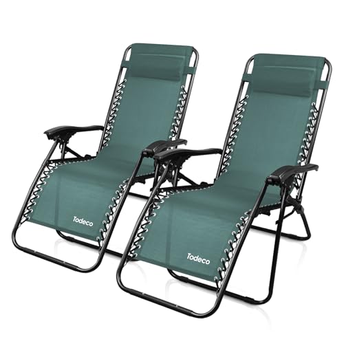 Todeco Transat Jardin Exterieur Lot de 2, Chaise Longue Inclinable, Bain de Soleil avec Repose-tête, d’accoudoirs Réglables, Chaise de Camping en Respirantes...