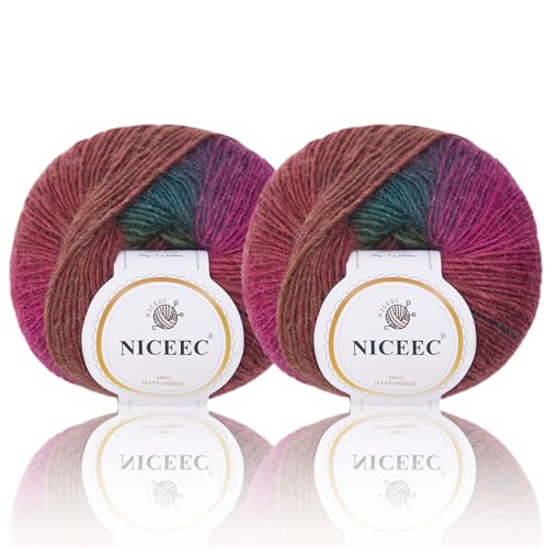 Image of NICEEC 2 Skeins Rainbow Soft Yarn 100% Wool Gradient Multi Color Yarn for Crocheting Knit Total Length 180mx2(196ydsx2,50gx2)-20#