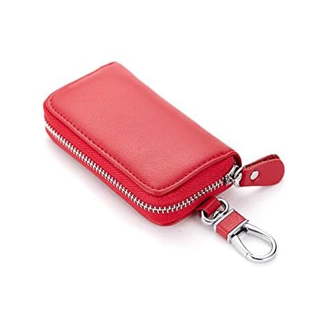 Unisex Mens Womens Premium Leather Car Key Holder Bag Case Credit Card Holder Wallet, Red Cover