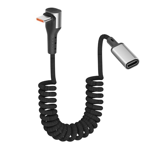 Image of YACSEJAO 90 Degree USB C Coiled Spring Extension Cable 60W 3.2FT Nylon Braided Type-C Male to Female Extender with E-Mark Chip Fast Charging & Data Sync for Laptop,Phone (Right Angle)