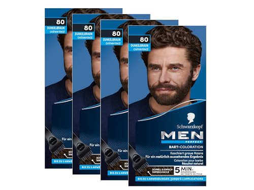 Schwarzkopf Men Perfect Beard Colouration 80 Natural Black/Brown Level 2 (4 x 30 ml), Beard Dye for Concealing Grey Hair for a Natural-Looking Result, Quick Application