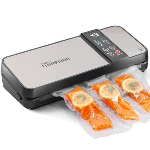 Guy Fieri's Flavortown Compact Vacuum Sealer with Built-In Roll Storage and Dry & Moist Modes - Includes Starter Kit (5) Quart Size Bags, 10ft Roll, and Accessory Hose for Containers and Bottles