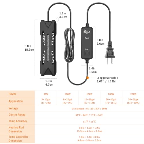 AQQA Small Aquarium Heater,Submersible Fish Tank Heater Adjustable Temperature,Mini Short Dual-use Fish Heater with LED Digital Display Thermostat,Saltwater Freshwater 50W