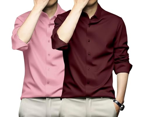 Image of DEELMO Combo of Men's Stylish Solid Satin Casual Shirt for Men Full Sleeves| Poly Satin Silk Shirt Pack of 2