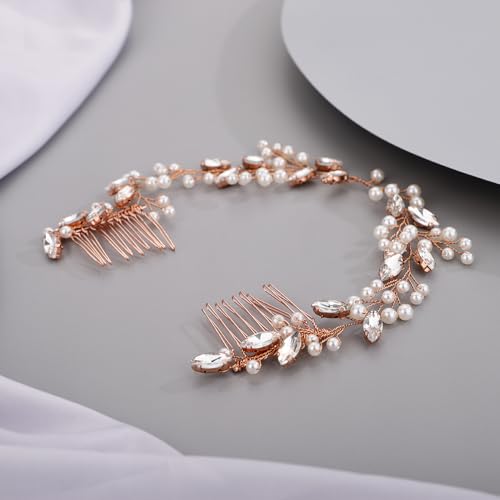 Peine para cabello con cristales y perlas, color rosa dorado miniatura 3