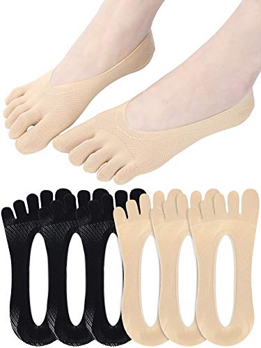 6 Pairs Women Toe Socks Low Cut Liner Socks Full Finger Socks With Gel Tab Toe Separated Socks (Black, Nude) #TOP18