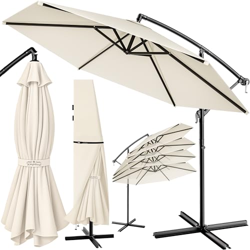 Kingsleeve® Sonnenschirm UV Schutz 80+ Ø 300cm Groß mit Ständer Schutzhülle Windsicherung Windfest Neigbar Rund Kurbel Garten Balkon Ampelschirm Creme