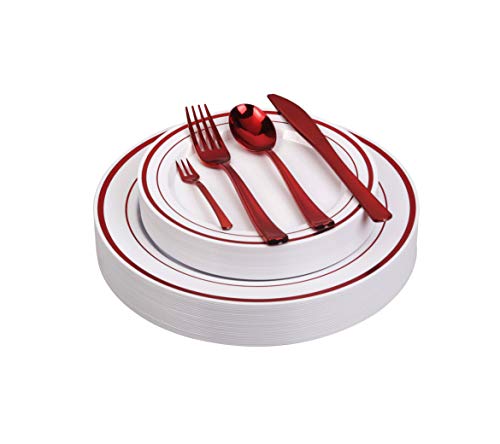 125pcs Disposable Plastic Plates and Cutlery Set/Party Tableware - Including 25 Red Trim Dinner Plates, 25 Salad or Dessert Plates & 25 Polished Red Forks Knives & Spoons - Bonus 25 Dessert Forks