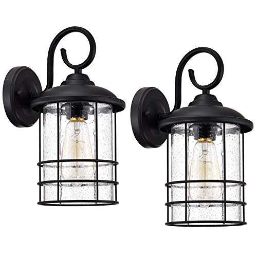 Image of MICSIU Matte Black Outdoor Wall Lantern 2-Pack Rustic Farmhouse 12.25 inch | Anti-Rust Exterior Wall Sconce with Clear Seedy Glass, Waterproof Outside Light Fixtures for Front Porch, Garage, Entryway