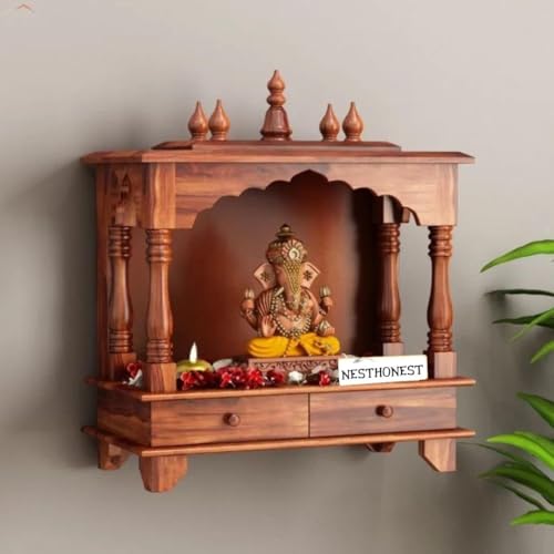 Image of Wall Mounted Solid Sheesham Wood Puja Mandir for Home Solid Wooden Temple for Puja Room with 2 Drawer Storage Pooja Ghar Wooden Furniture for Pooja Room Sheesham Wood, Honey Finish (Honey, 2 Drawers)
