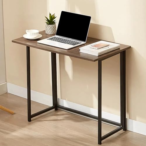 Image of VECELO Folding Desk 31.5 Inch Writing Desk Home Office Sturdy Steel Laptop Table for Home Office Work Classic Brown