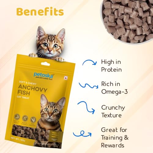 Image of Petoska Anchovy Fish Cat Treats - 100g | Air-Dried Real Anchovy Bites with Taurine & Omega-3 | Chewy High-Protein Snack for Shiny Coat, Heart Support & Weight Control | for Kittens & Adult Cats