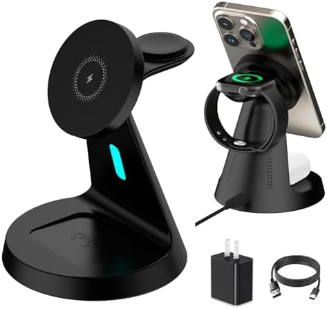 Wireless Charger Compatible with Mag-Safe,3 in 1 Charging Station for iPhone17/16/15/14/13/12 Series, Apple Watch,AirPods,15W Fast Charging (USB-C Adapter Included)