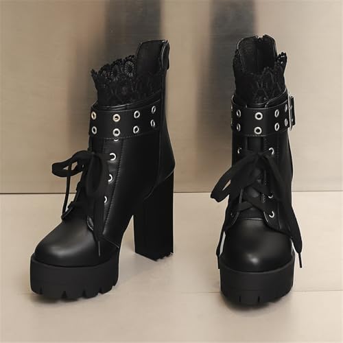 Image of FOREADA Goth Boots Chunky Heel Boot For Women Ankle Combat Booties Black Platform Bootie Buckle Rivets Punk Goth Shoes With Zipper