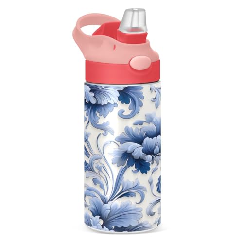 Waassud Botella de agua aislada con pajilla, botellas de agua de acero inoxidable a prueba de fugas para flores azules, 12 onzas